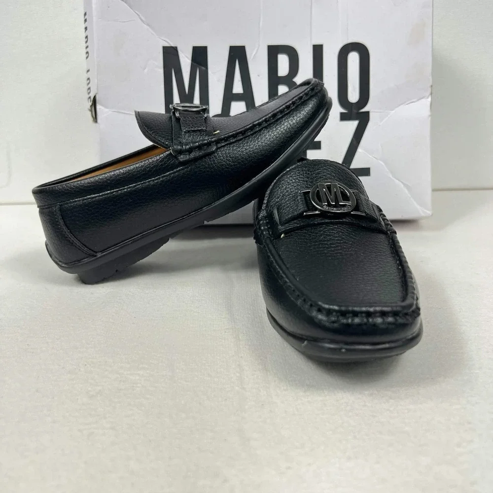 EUC Mario Lopez Hogan Black Loafers Shoes Metal ML Logo Memory Foam Boys 12M